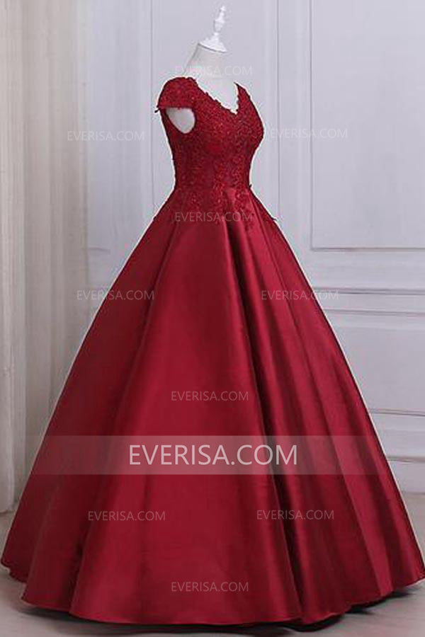 Dark Red V-Neck Empire Waist Satin Ball ...